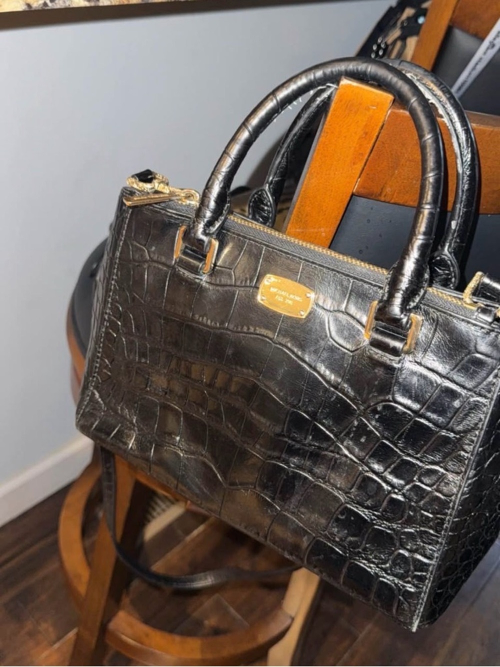 Michael Kors Black Croc-Embossed Satchel with Gold Tone Hardware